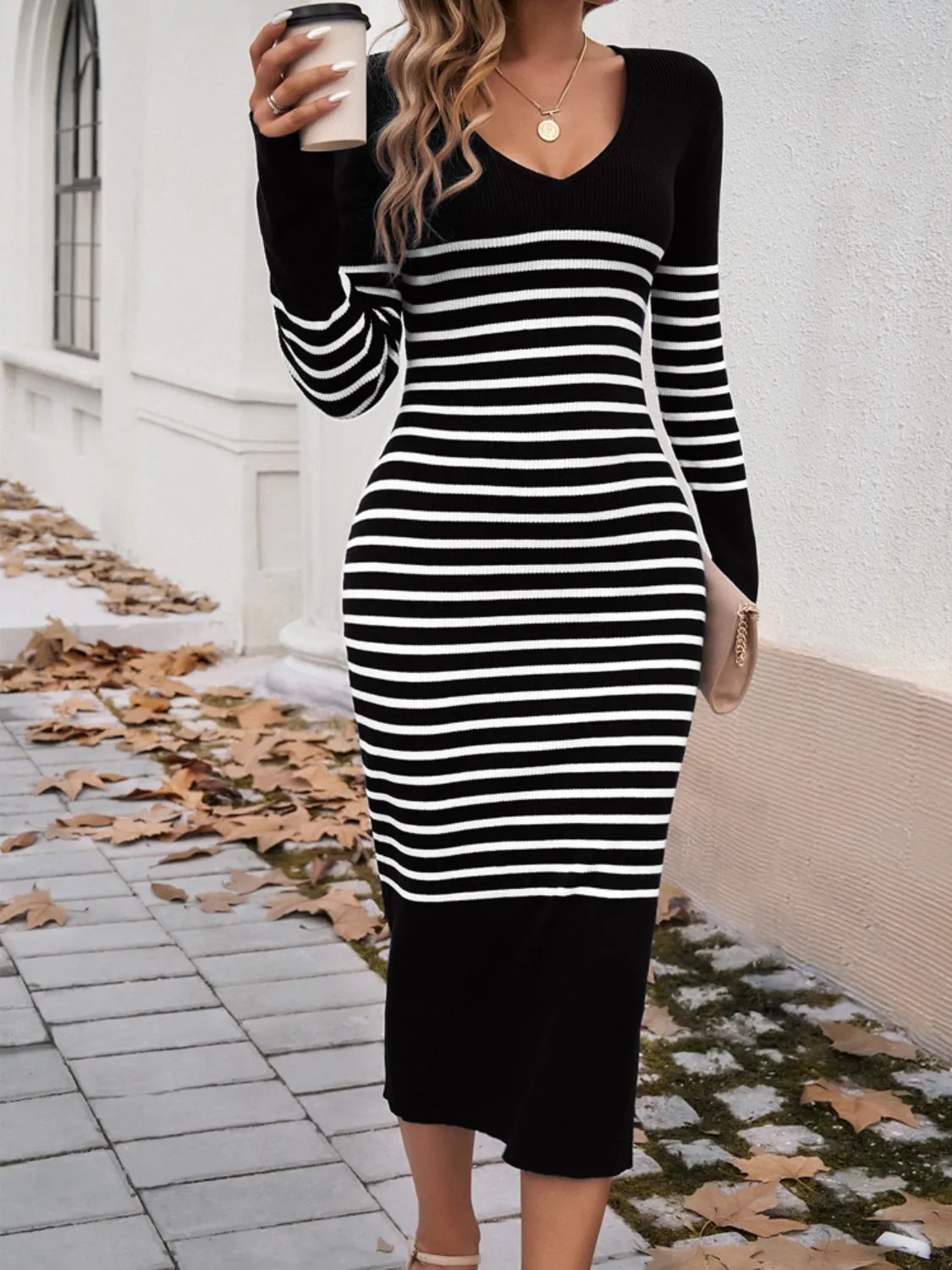 Striped V-Neck Long Sleeve Sweater Dress - Chic & Cozy Fashion Essential