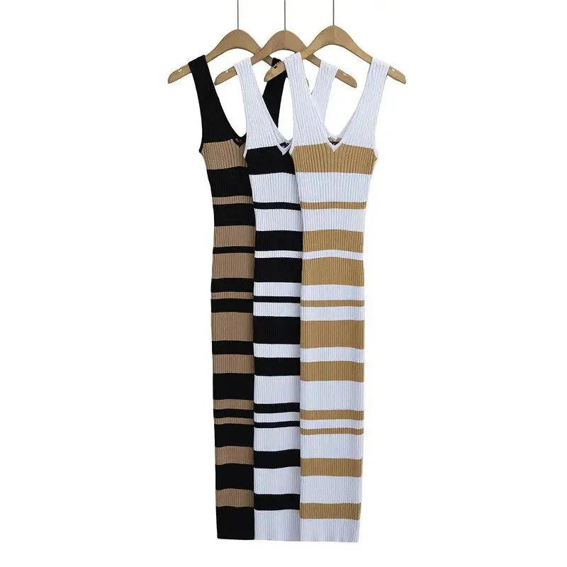 Striped V-neck Sleeveless Dress