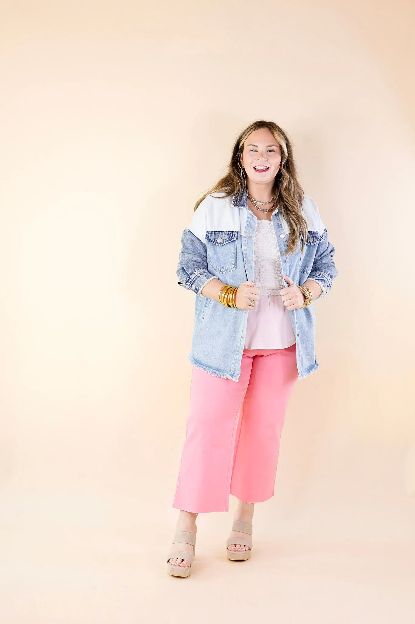 Style Mentor Color Block Button Up Jacket in Denim