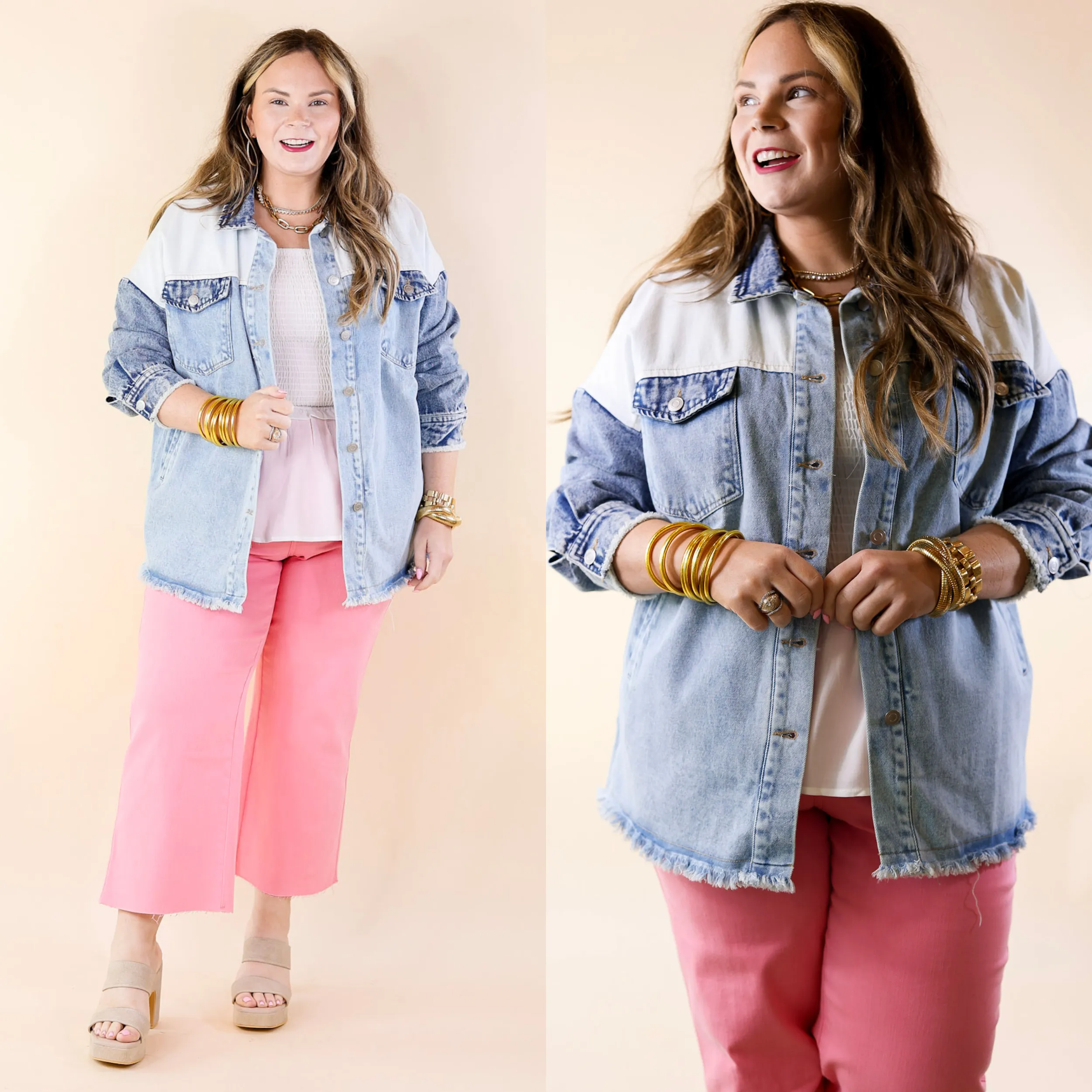 Style Mentor Color Block Button Up Jacket in Denim