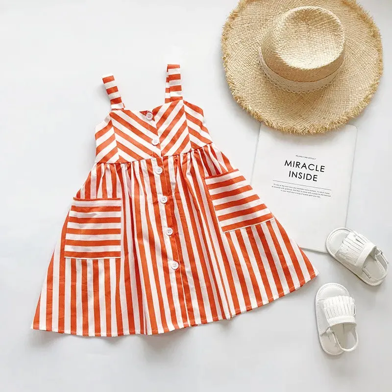 Summer Baby Kids Girl’s Slip Dress Sleeveless Square Collar Striped Ruffled A-line Dress for Casual Daily