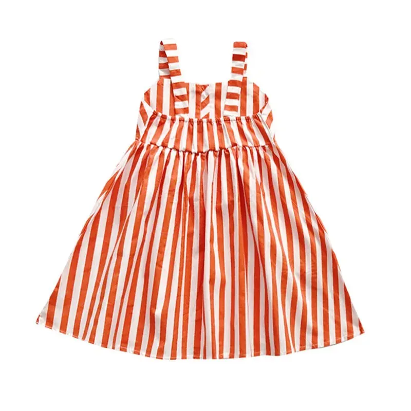 Summer Baby Kids Girl’s Slip Dress Sleeveless Square Collar Striped Ruffled A-line Dress for Casual Daily