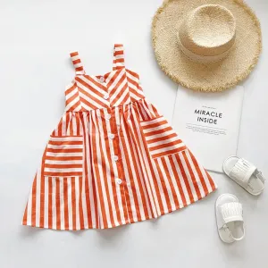 Summer Baby Kids Girl’s Slip Dress Sleeveless Square Collar Striped Ruffled A-line Dress for Casual Daily