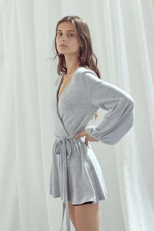 TEEK - HEATHER GREY LONG BUBBLE SLEEVE WRAP TUNIC