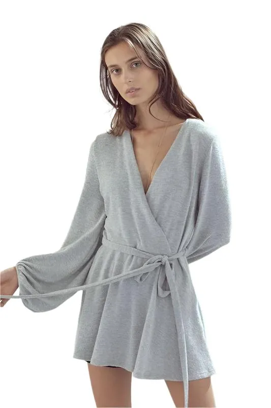 TEEK - HEATHER GREY LONG BUBBLE SLEEVE WRAP TUNIC