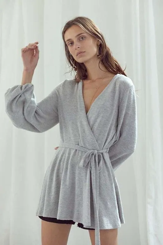 TEEK - HEATHER GREY LONG BUBBLE SLEEVE WRAP TUNIC