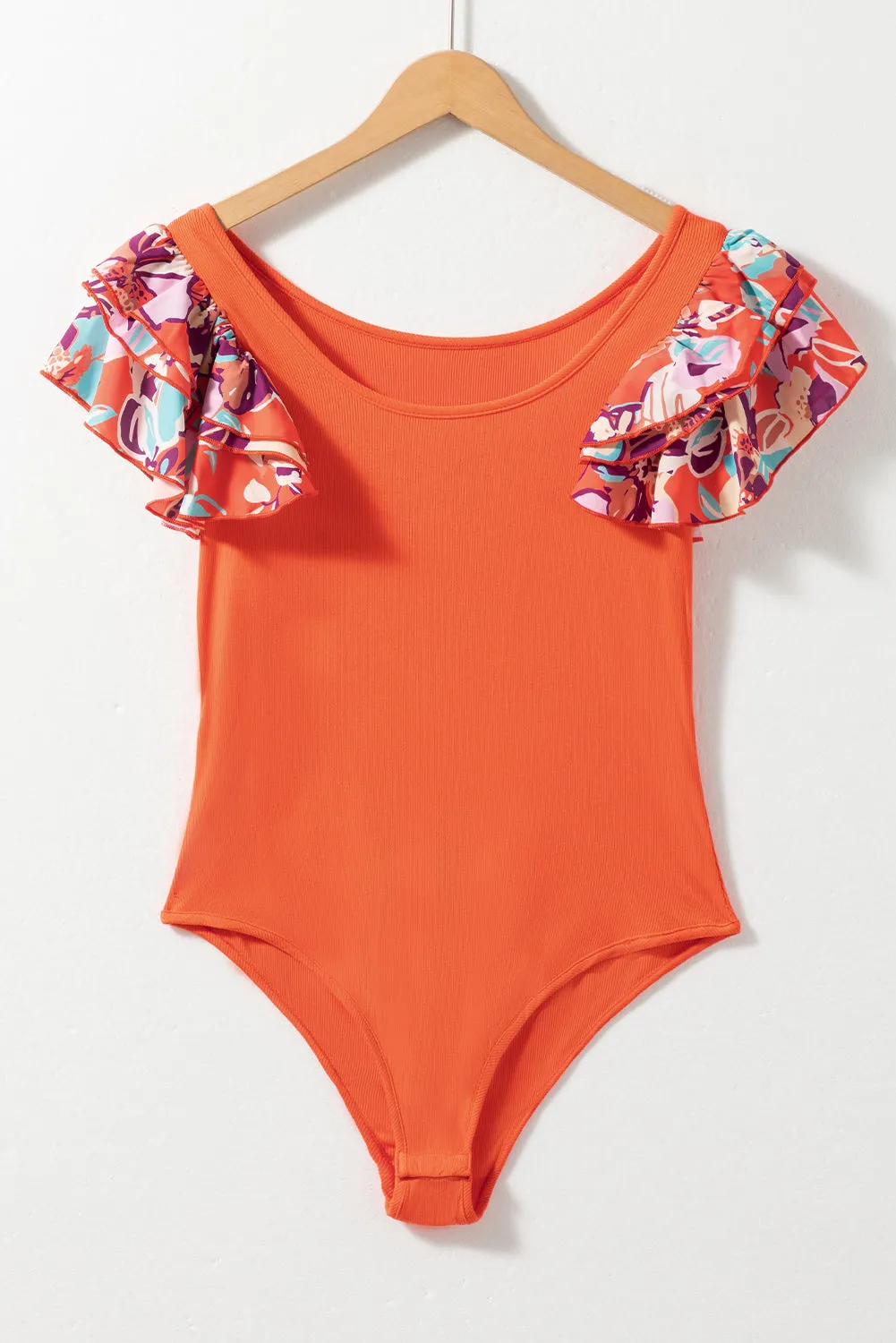 TEEK - Red Orange Floral Ruff Sleeve Bodysuit