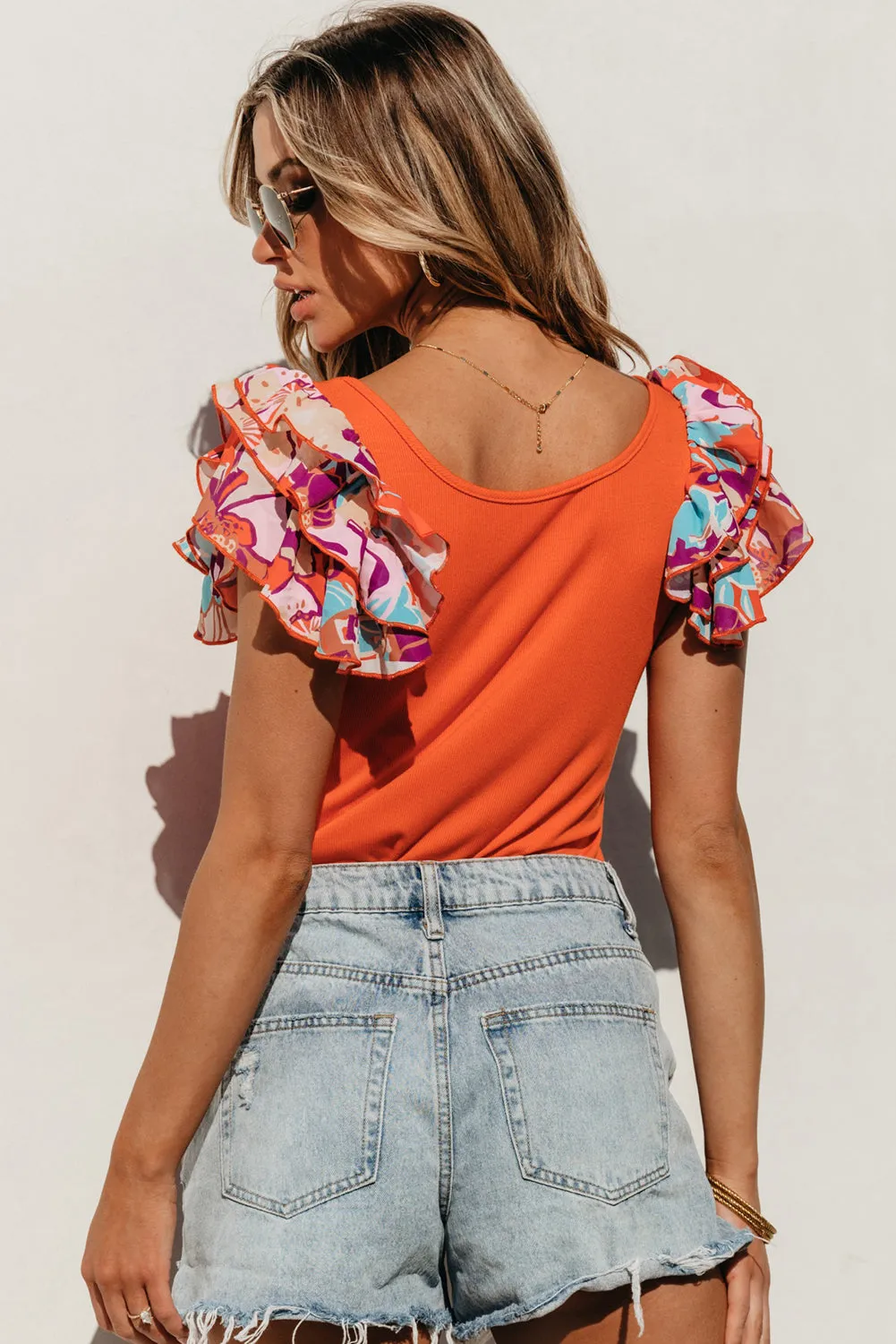 TEEK - Red Orange Floral Ruff Sleeve Bodysuit