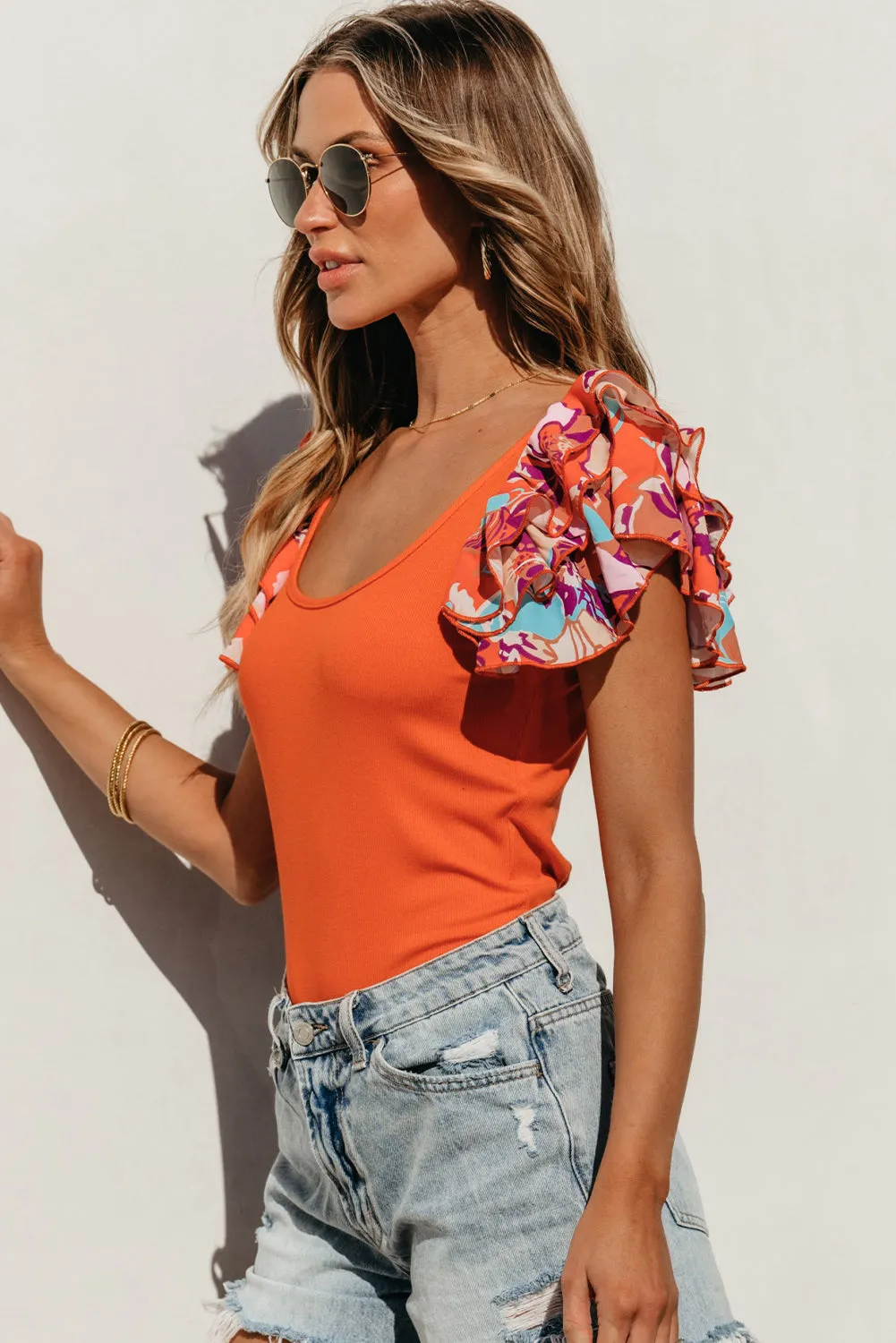 TEEK - Red Orange Floral Ruff Sleeve Bodysuit