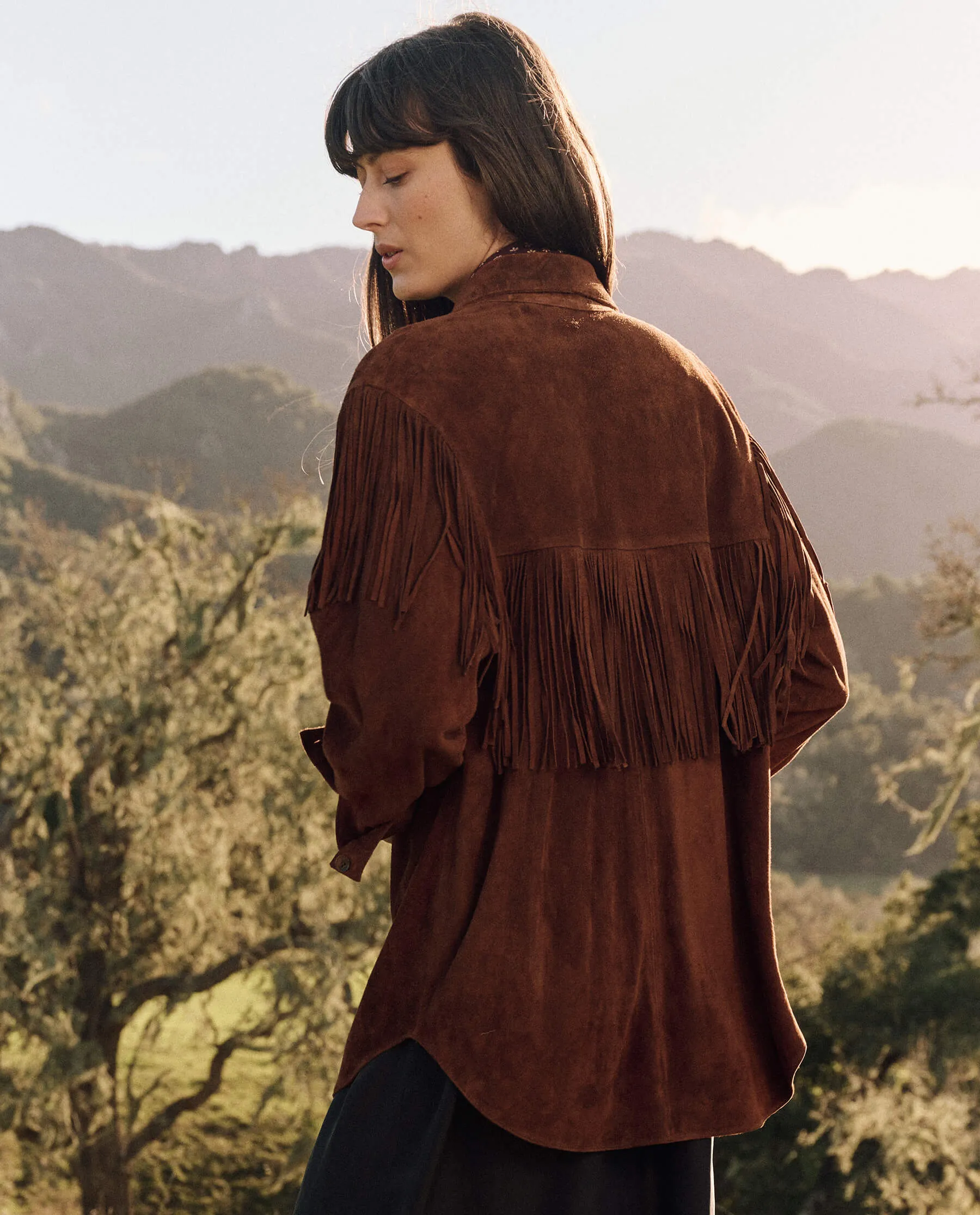 The Great - Suede Fringe Shirt Jacket in Cognac