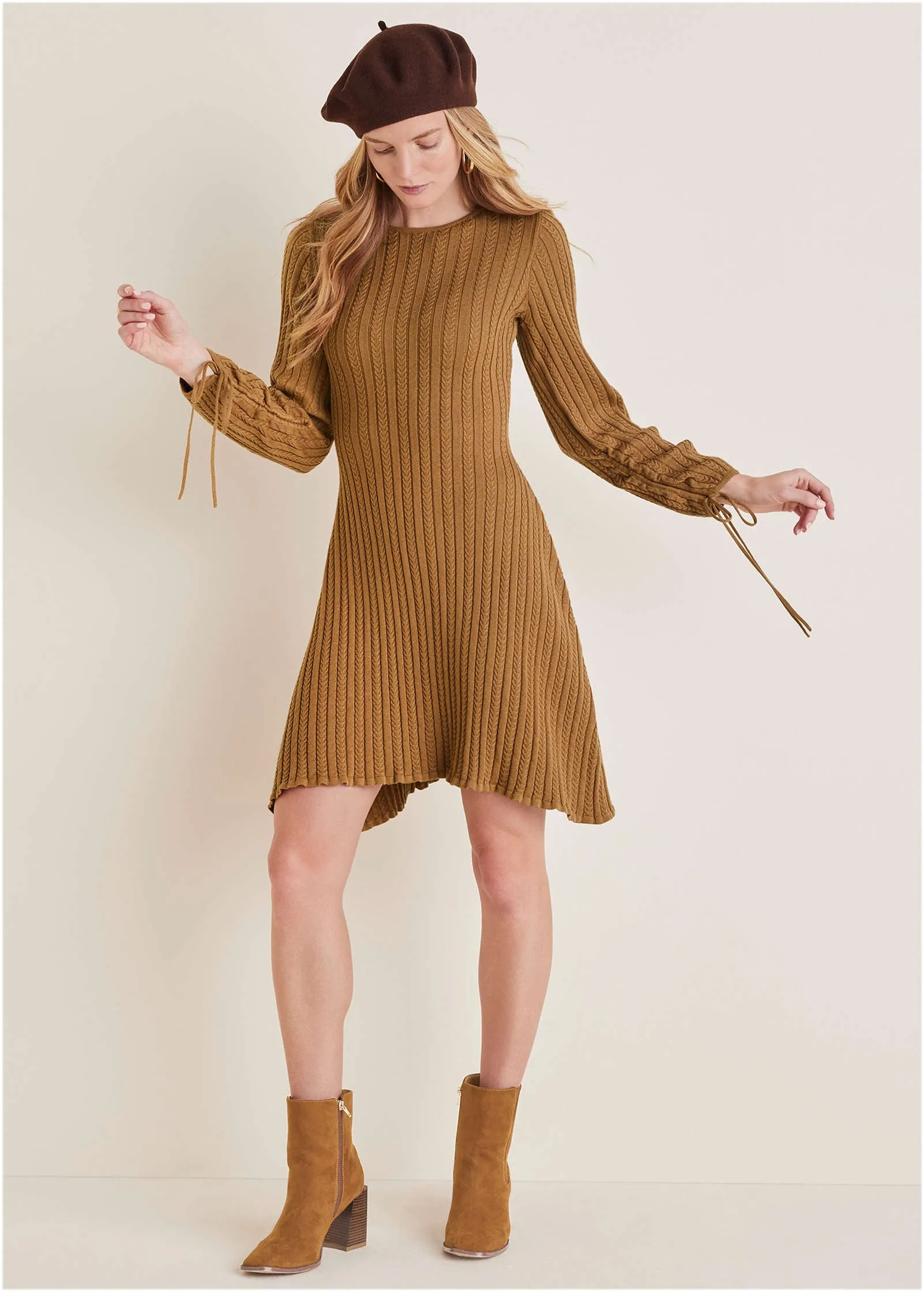 Tie Detail Mini Sweater Dress - Hazelnut