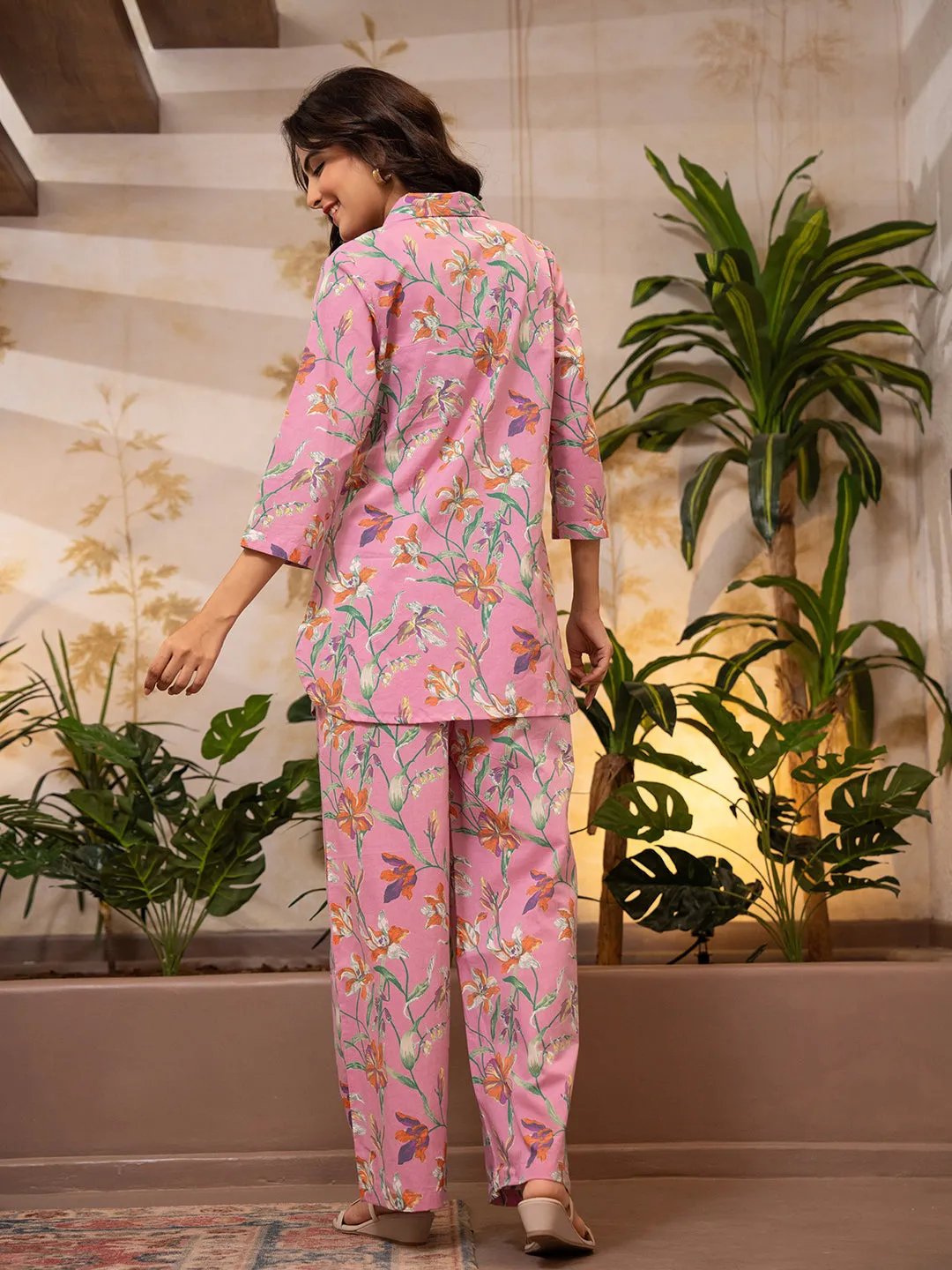 Tropical Baby Pink Collared Shirt Co-Ord Set