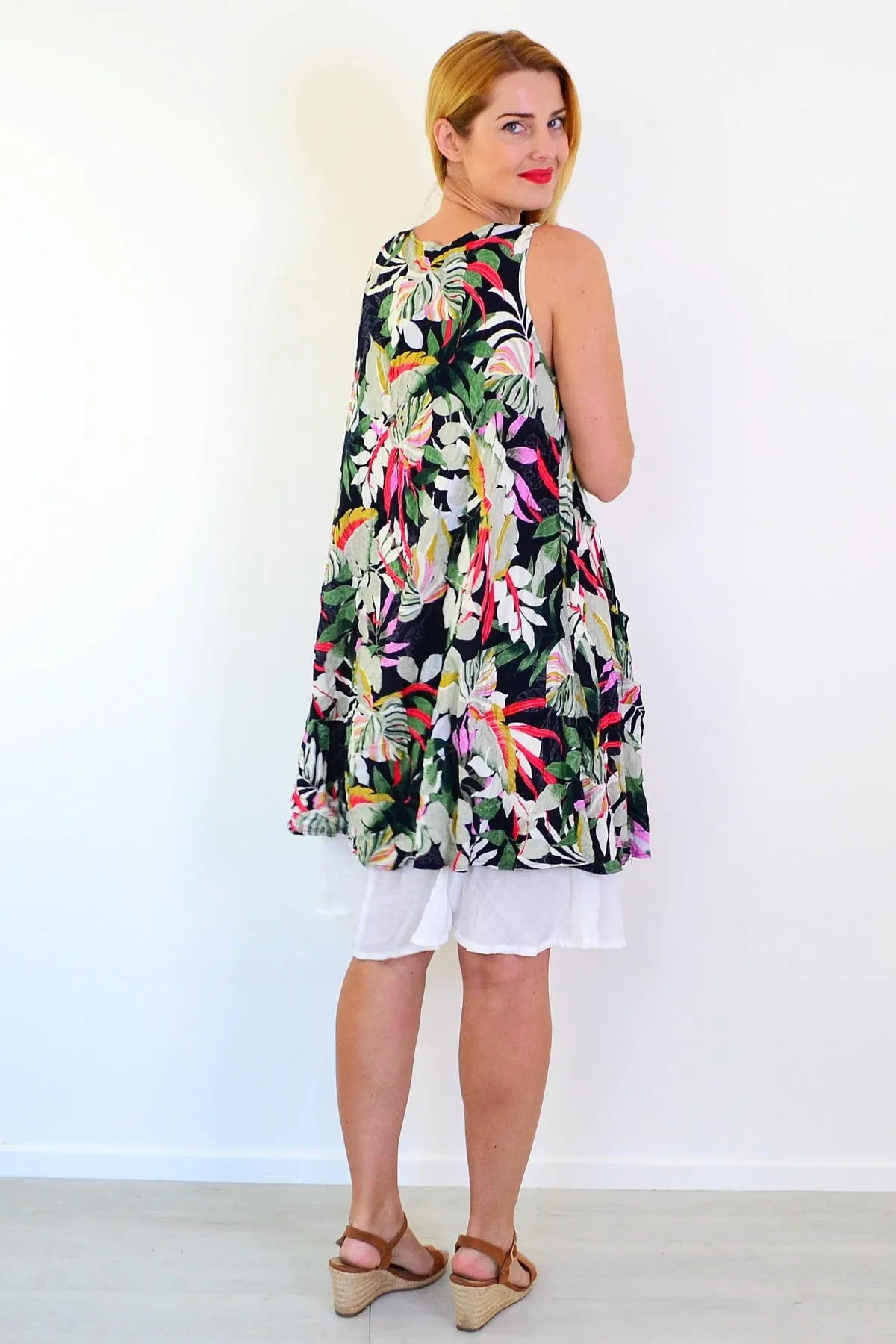 Tropical Forest Leaf Crinkle Tunic Dress