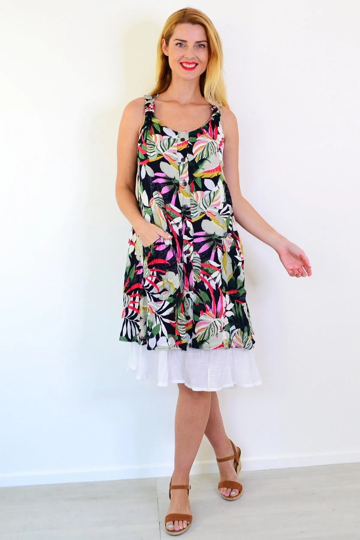 Tropical Forest Leaf Crinkle Tunic Dress