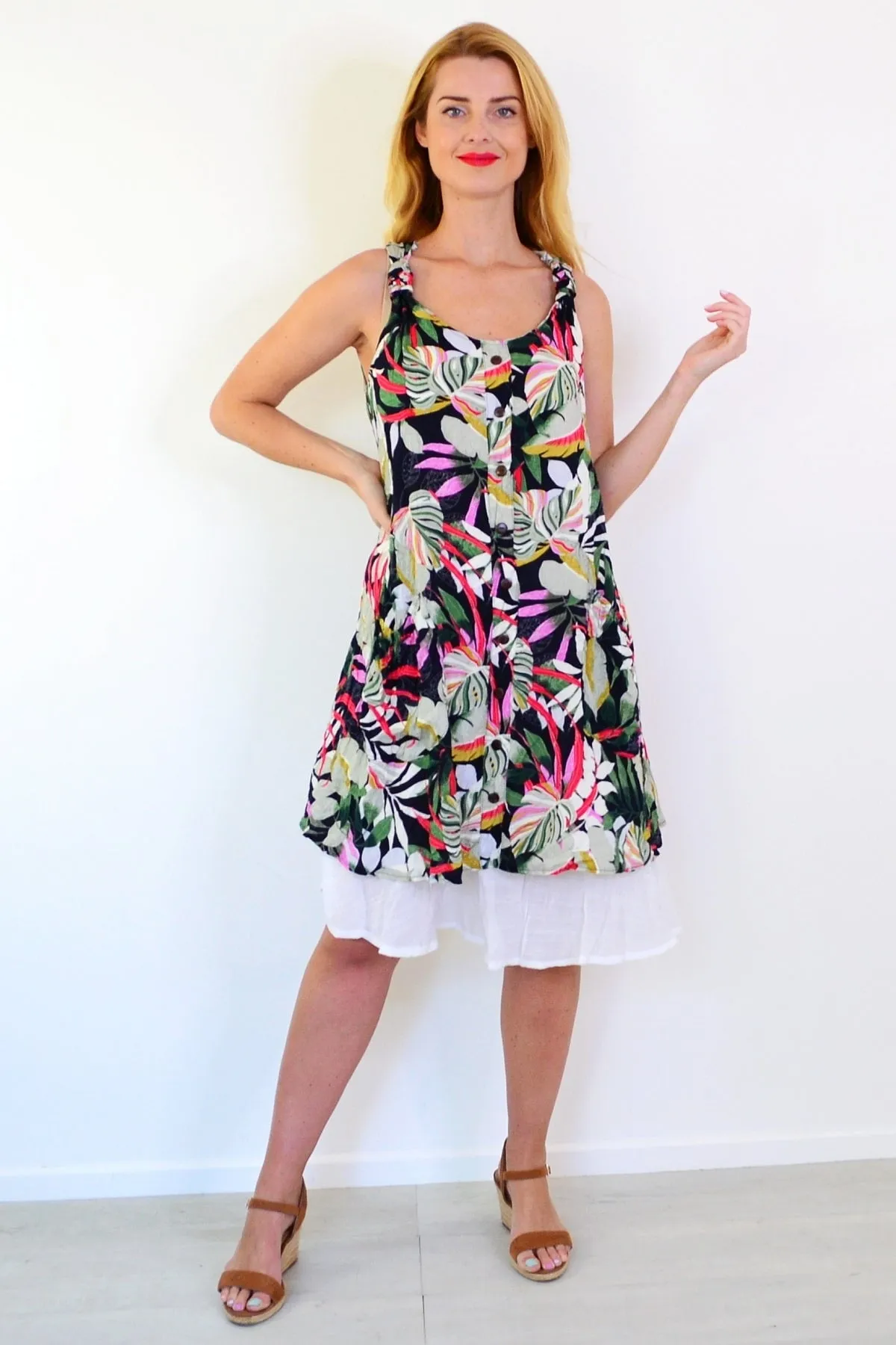 Tropical Forest Leaf Crinkle Tunic Dress