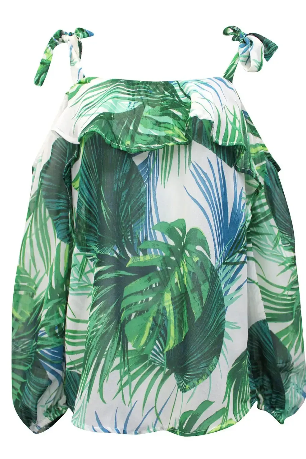 Tropical Leaf Print Cold Shoulder Blouse