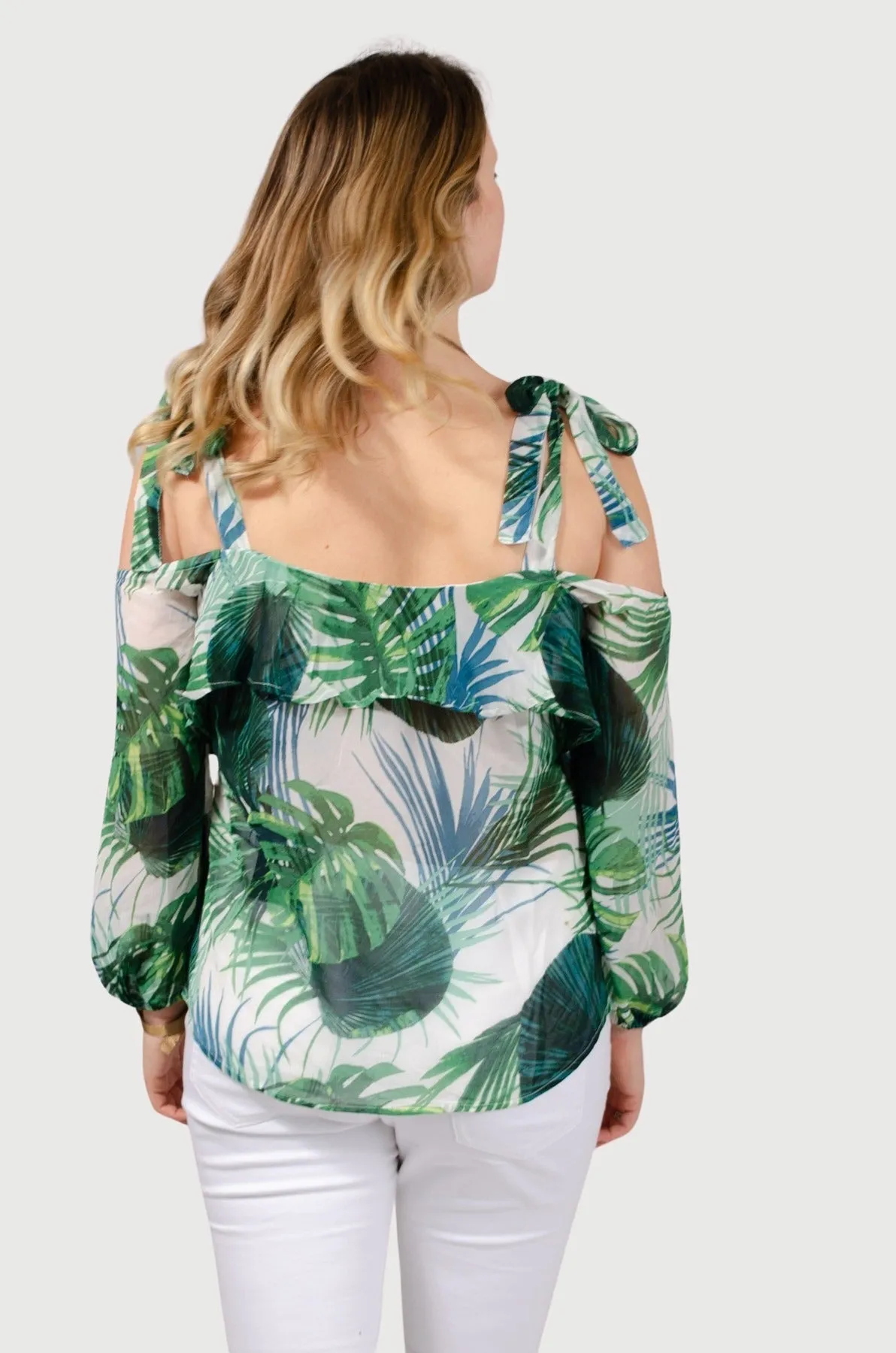 Tropical Leaf Print Cold Shoulder Blouse