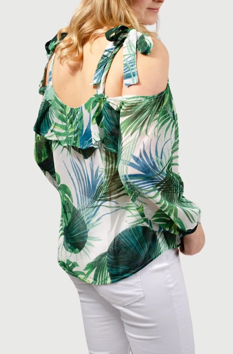 Tropical Leaf Print Cold Shoulder Blouse