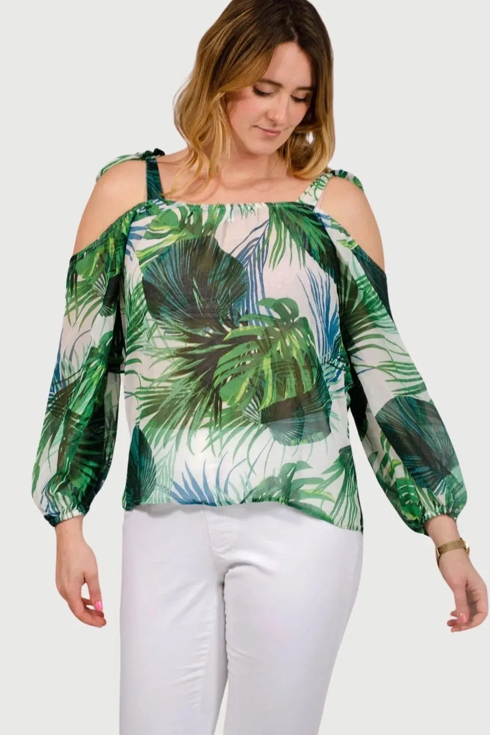 Tropical Leaf Print Cold Shoulder Blouse