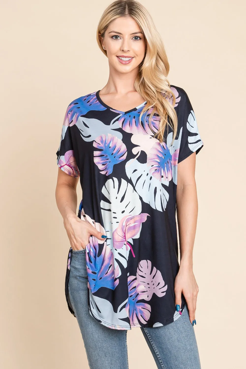 Tropical Leaf Print Hi-Low Tunic