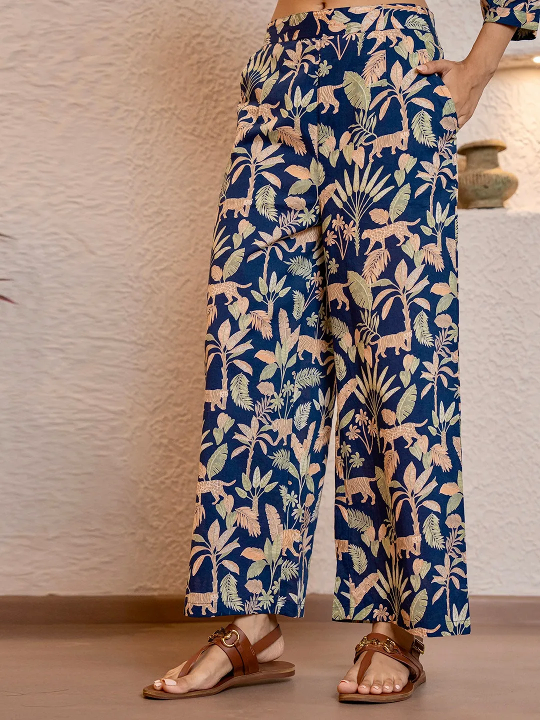 Tropical Navy Blue Pleated Back Co-Ord Set