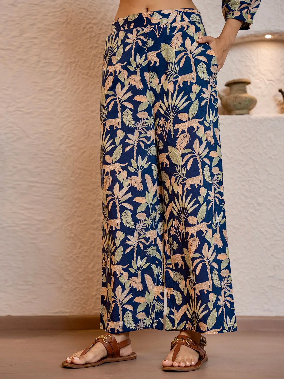 Tropical Navy Blue Pleated Back Co-Ord Set