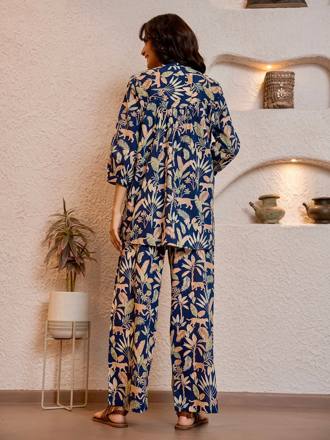 Tropical Navy Blue Pleated Back Co-Ord Set