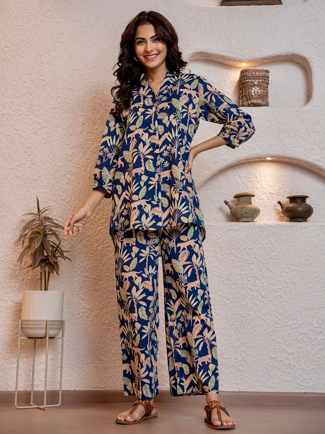 Tropical Navy Blue Pleated Back Co-Ord Set