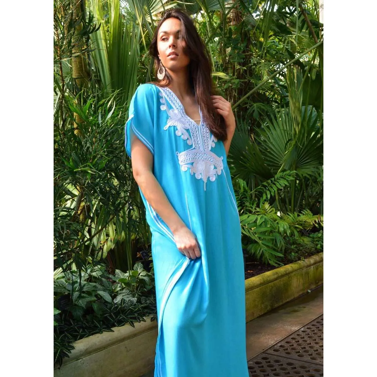 Turquoise Blue Marrakech Resort Lounge Wear Caftan Kaftan with White Embroidery-Moroccan Kaftan