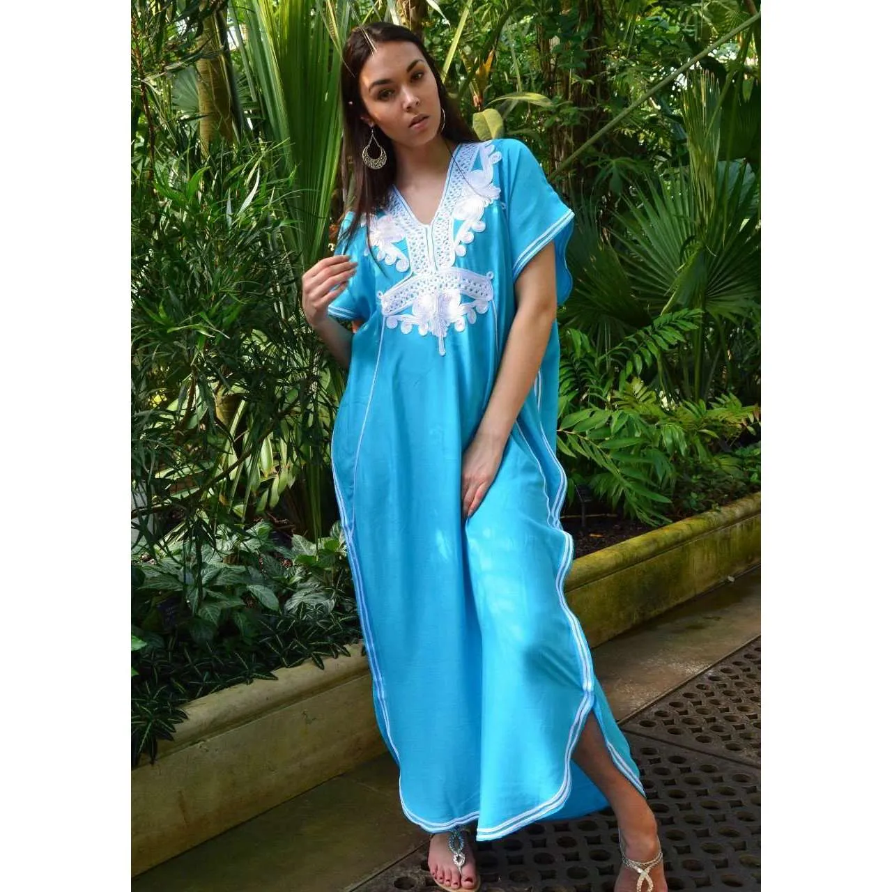 Turquoise Blue Marrakech Resort Lounge Wear Caftan Kaftan with White Embroidery-Moroccan Kaftan