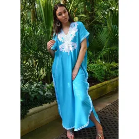 Turquoise Blue Marrakech Resort Lounge Wear Caftan Kaftan with White Embroidery-Moroccan Kaftan