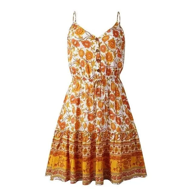 V-Neck Floral Print Boho Spaghetti Strap A-line High Waist Mini Dress