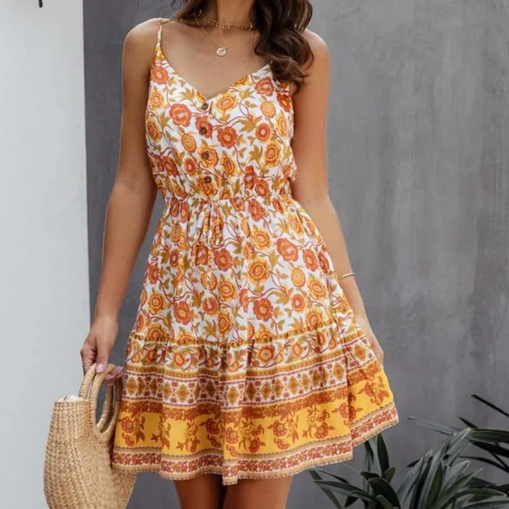 V-Neck Floral Print Boho Spaghetti Strap A-line High Waist Mini Dress