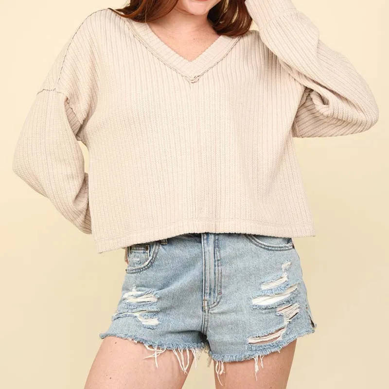 V-Neck Ribbed Cut Sew Sweater