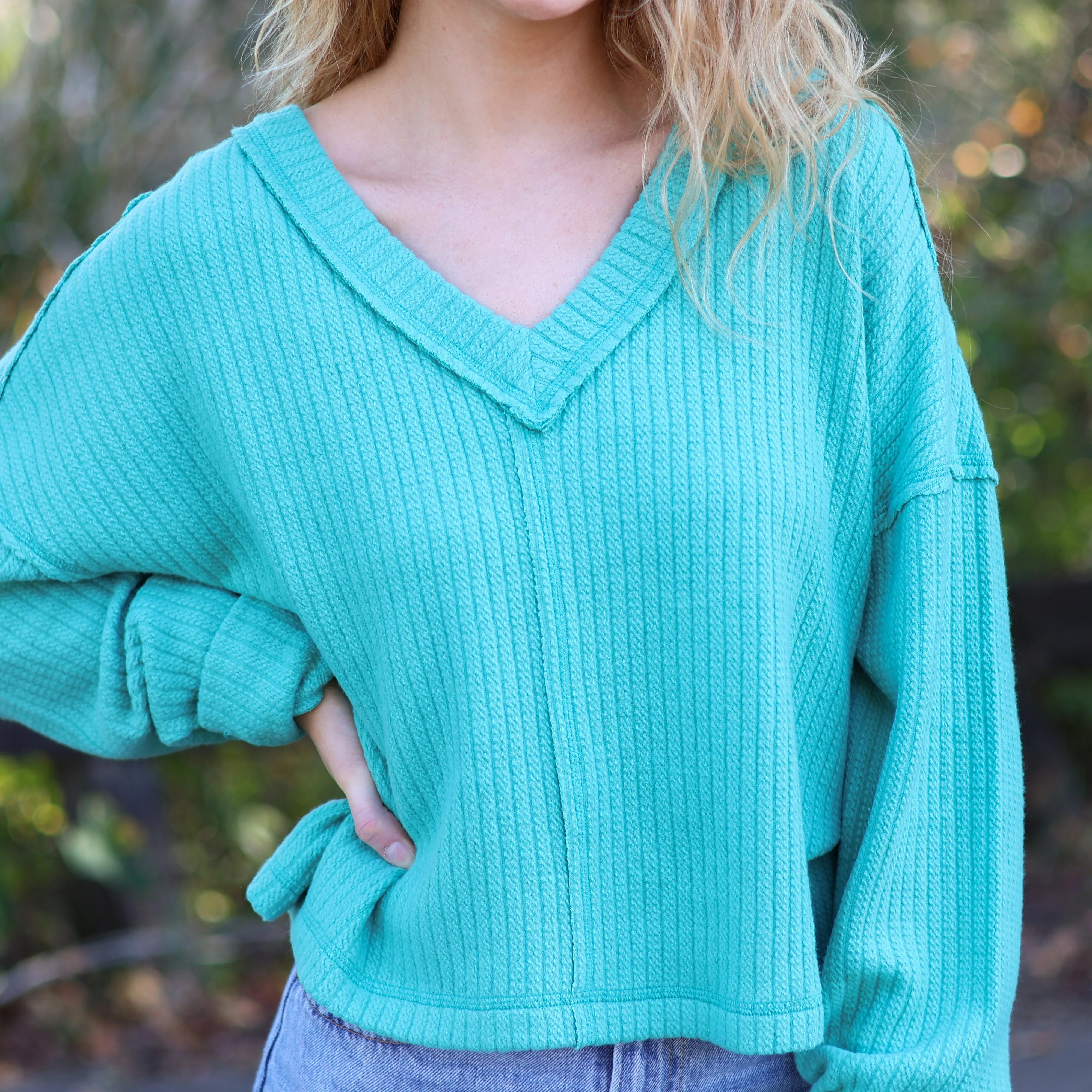 V-Neck Ribbed Cut Sew Sweater