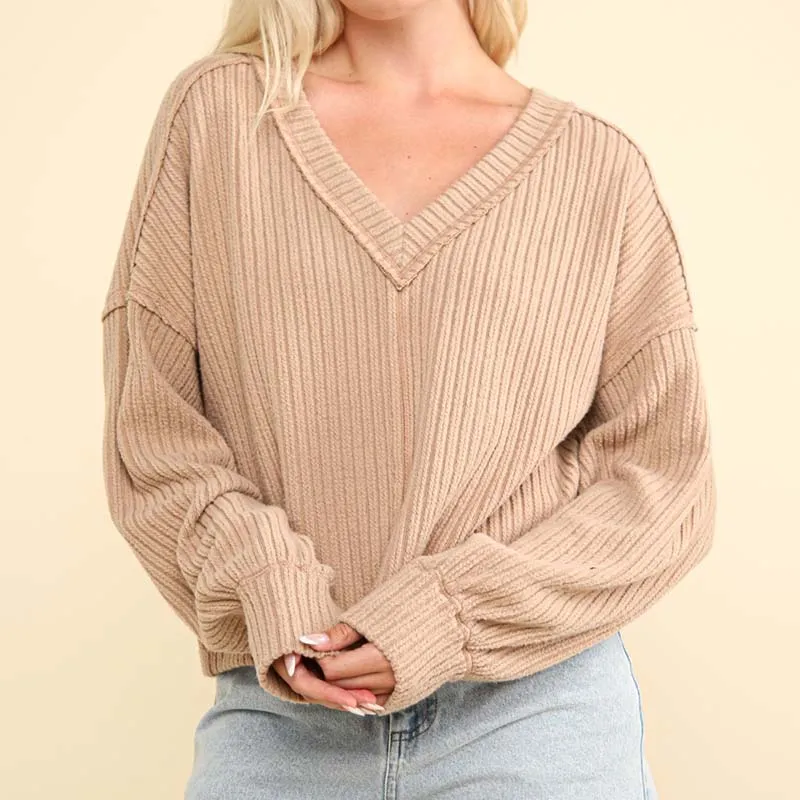 V-Neck Ribbed Cut Sew Sweater