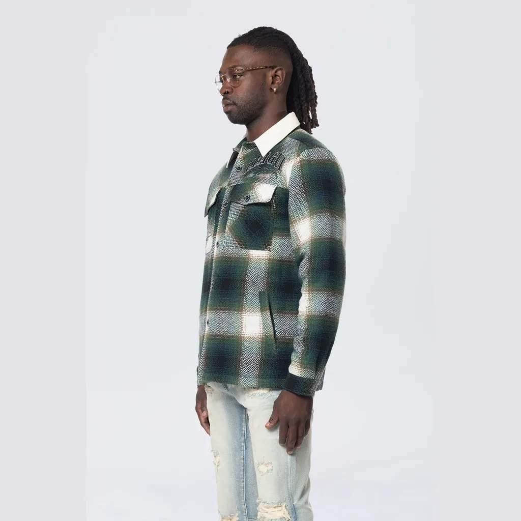 Vegan Leather Collar Plaid Shacket - Spruce