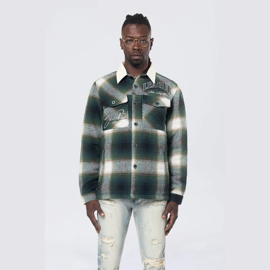 Vegan Leather Collar Plaid Shacket - Spruce