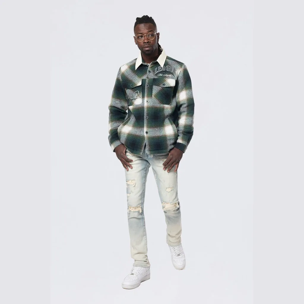 Vegan Leather Collar Plaid Shacket - Spruce