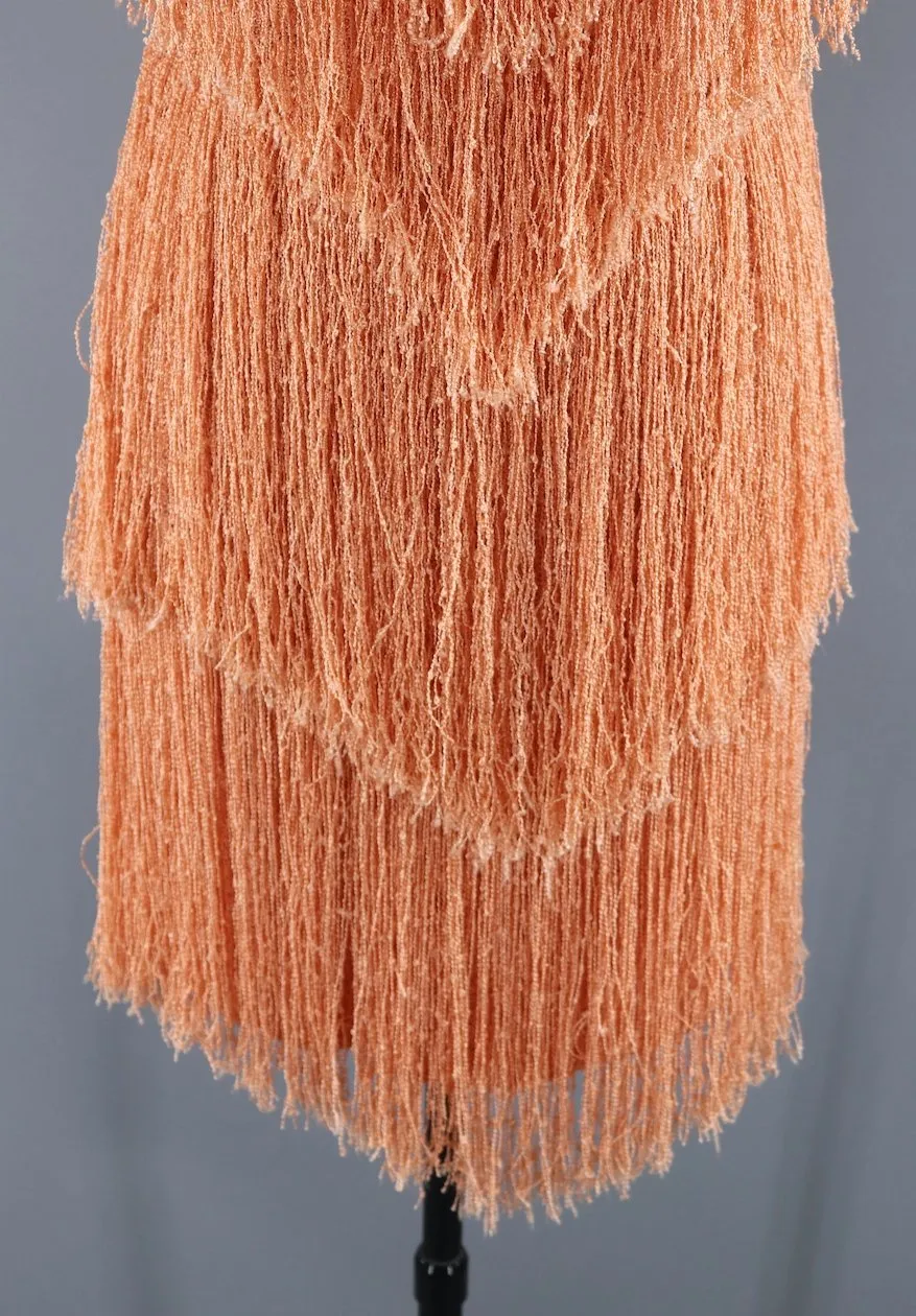 Vintage 1980s French Rags Fringed Dress / Apricot Orange