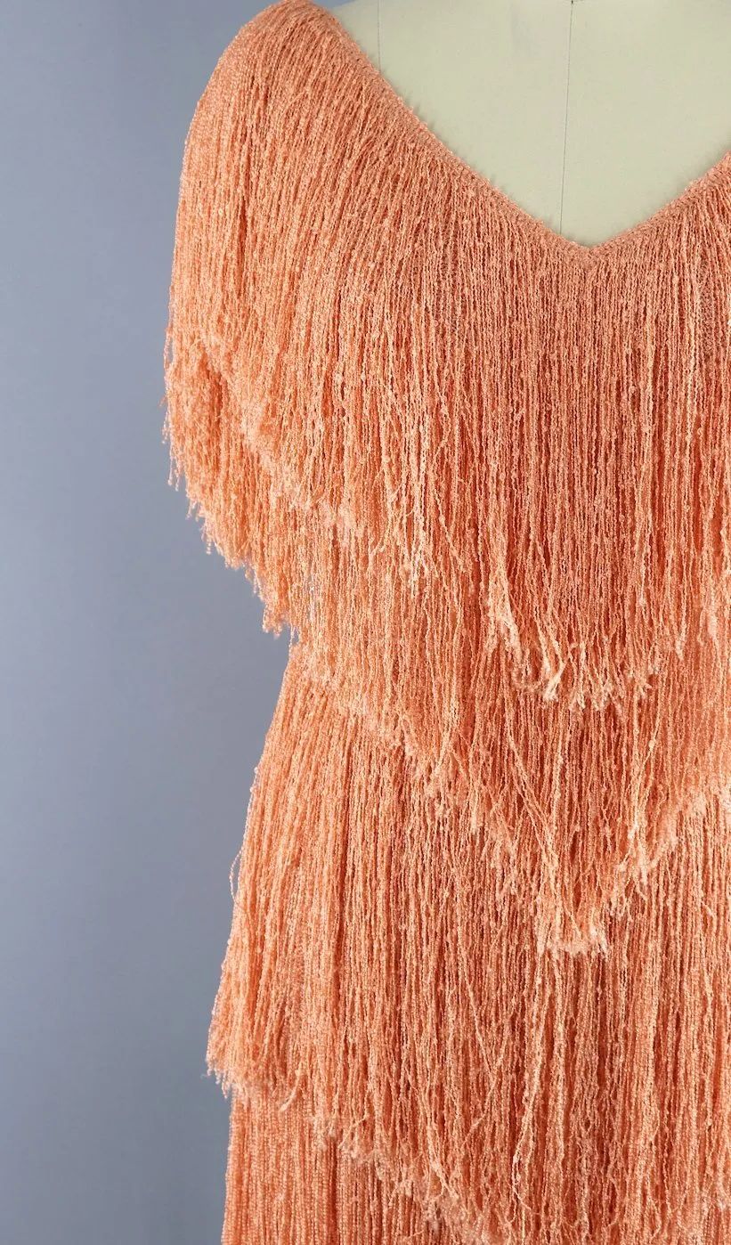 Vintage 1980s French Rags Fringed Dress / Apricot Orange