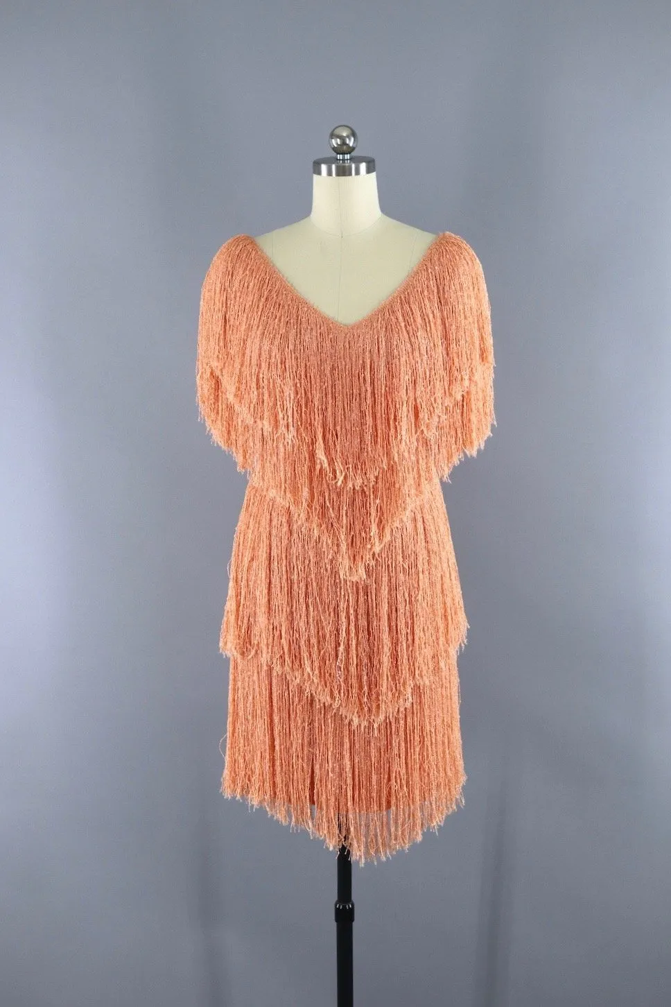 Vintage 1980s French Rags Fringed Dress / Apricot Orange