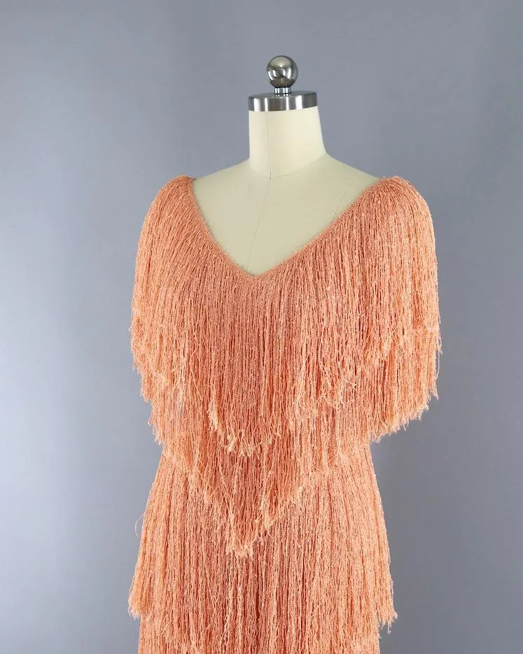 Vintage 1980s French Rags Fringed Dress / Apricot Orange