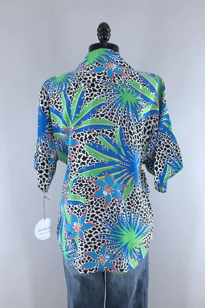 Vintage Blue Leopard Floral Print Shirt