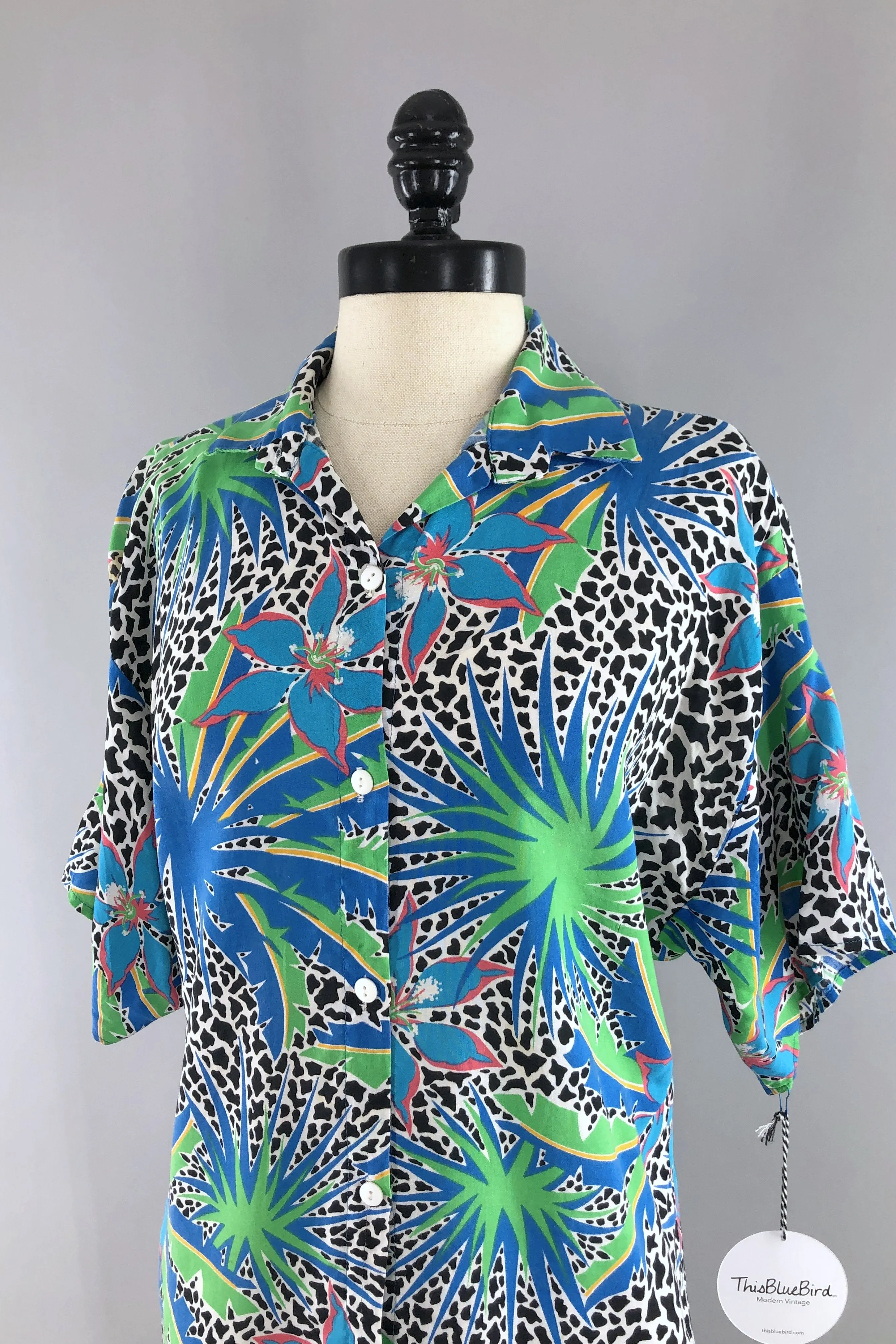 Vintage Blue Leopard Floral Print Shirt