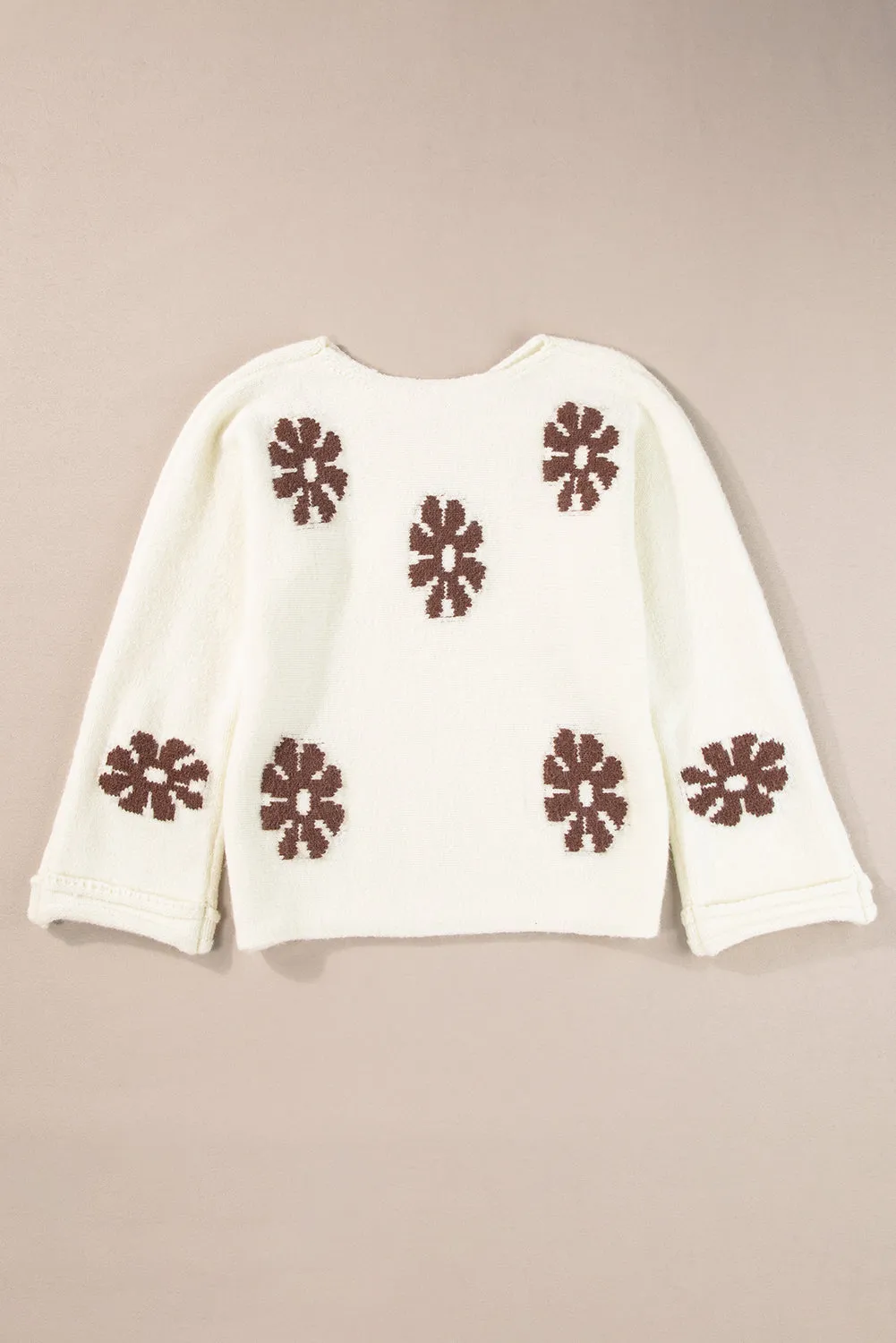 White 60s Floral Pattern Crewneck Sweater