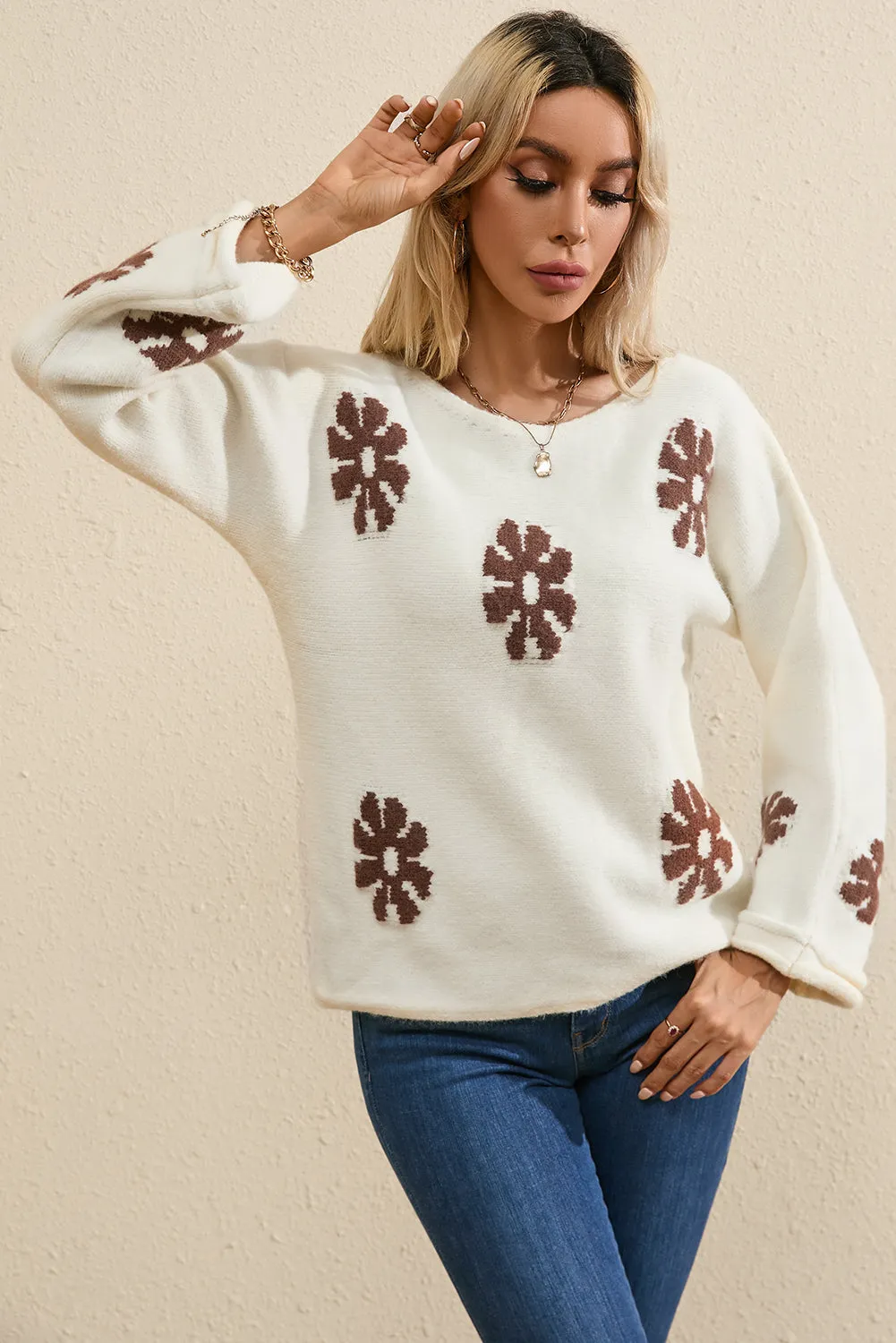 White 60s Floral Pattern Crewneck Sweater