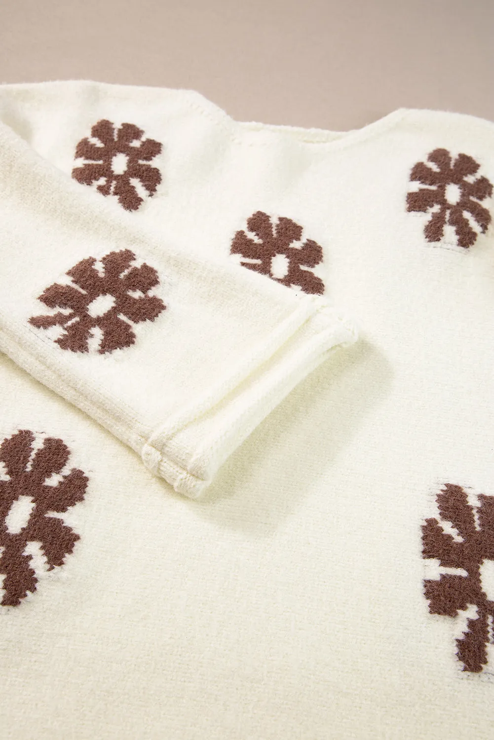 White 60s Floral Pattern Crewneck Sweater