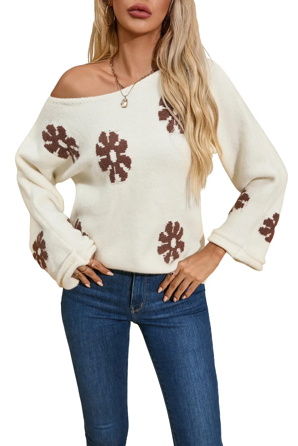 White 60s Floral Pattern Crewneck Sweater