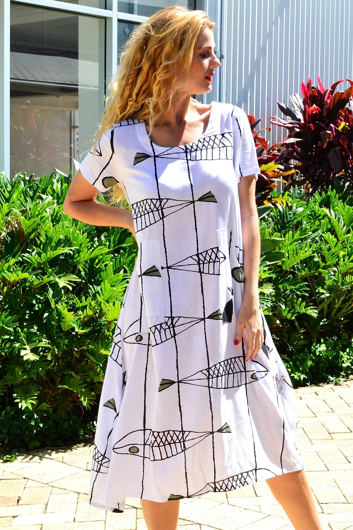 White Linen Cotton Print Tunic Dress